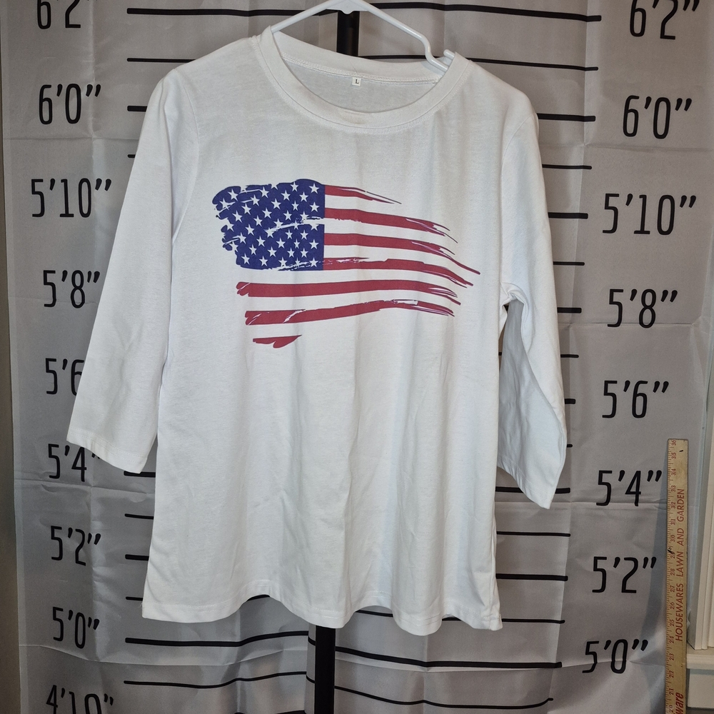Women's White Long Sleeve Tee with American Flag Design